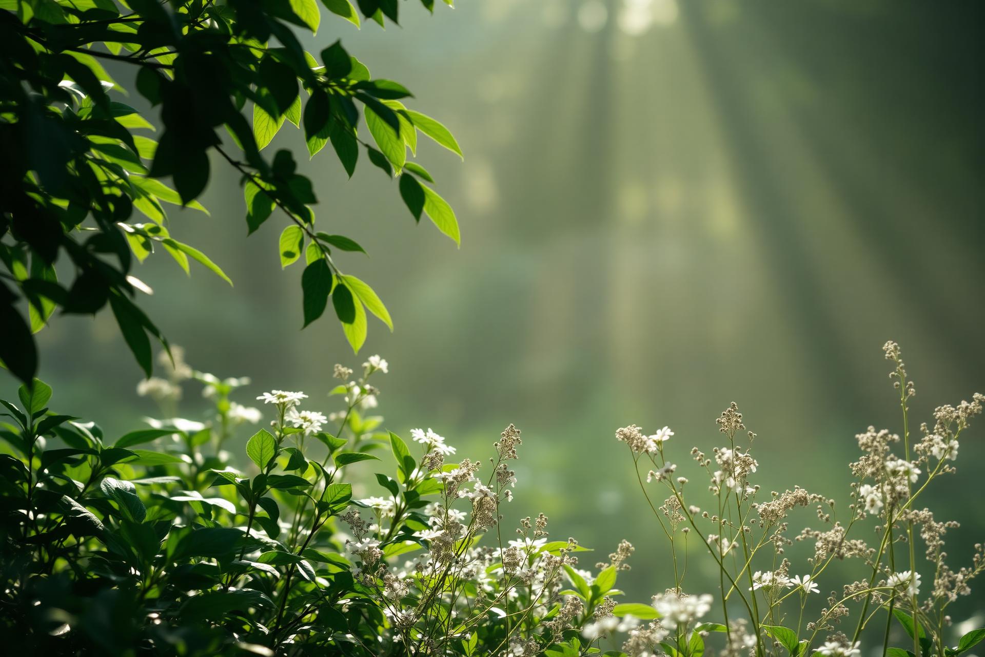 Folhas verdes e flores brancas iluminadas pela luz da manhã