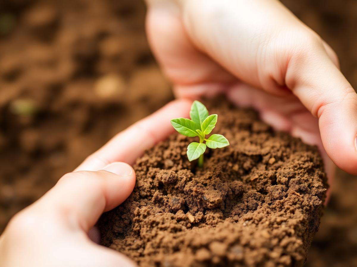 Mãos segurando pequena muda verde na terra